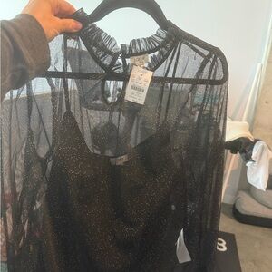 NWT J Crew Black Sheer Top with Gold Sparkle